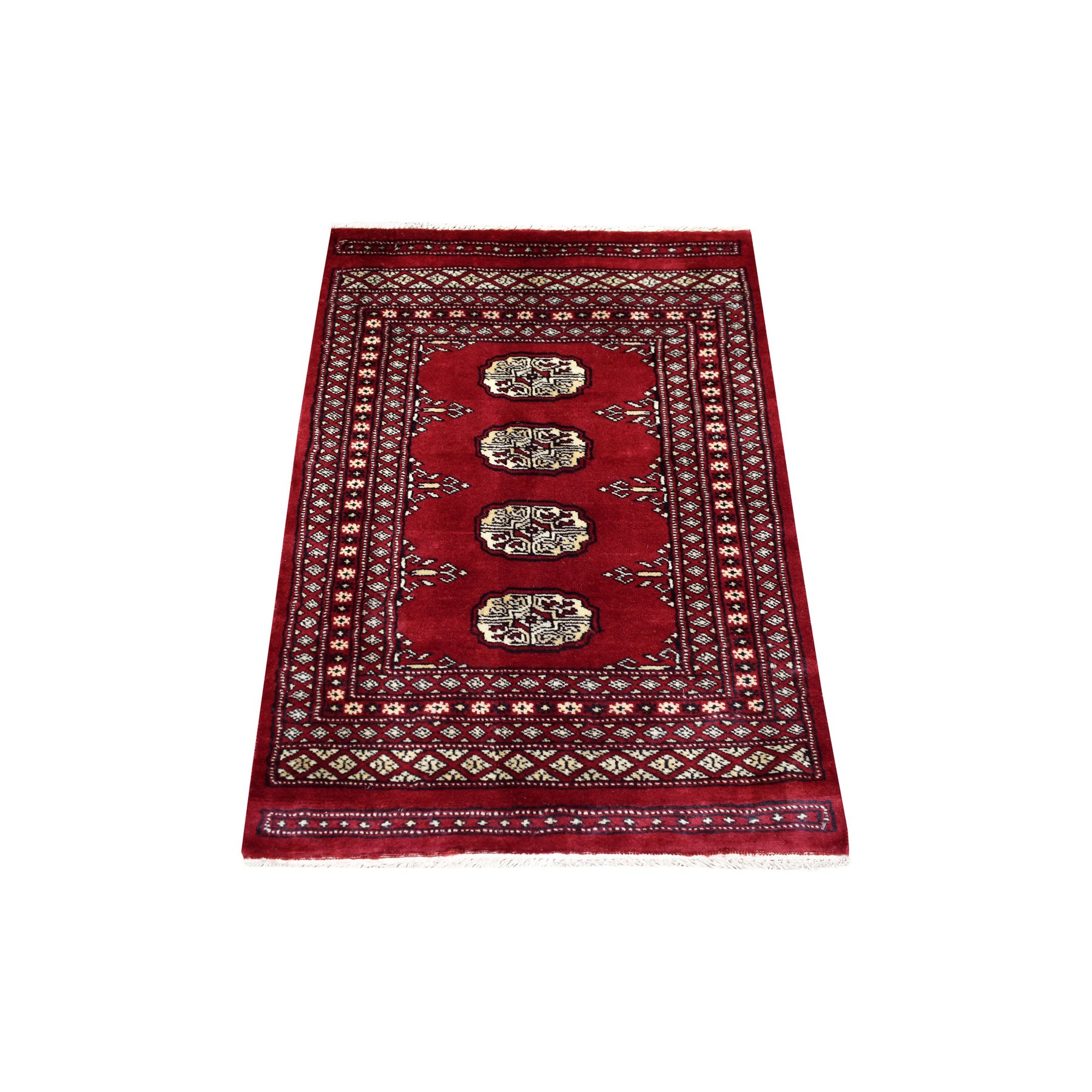 2'6"x3'9" Hand Knotted Mori Bokara with Tribal Medallions Design Deep Red Pure Wool Oriental Rug 